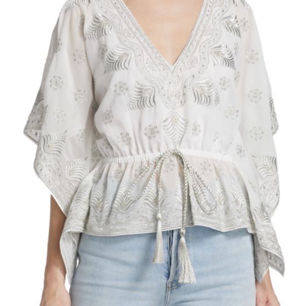 ALICE + OLIVIA Sharita Embroidered Kaftan Top Medium White Silver